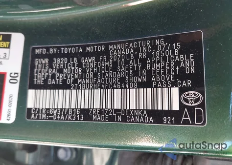 2015 Toyota Corolla Le from USA, damaged, VIN 2T1BURHE4FC464408